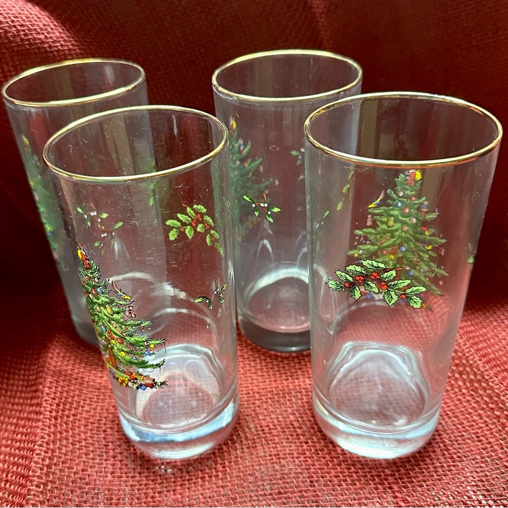 Spode Christmas Tree Santa 15 Ounces Highballs with Gold Rims, Set of 4